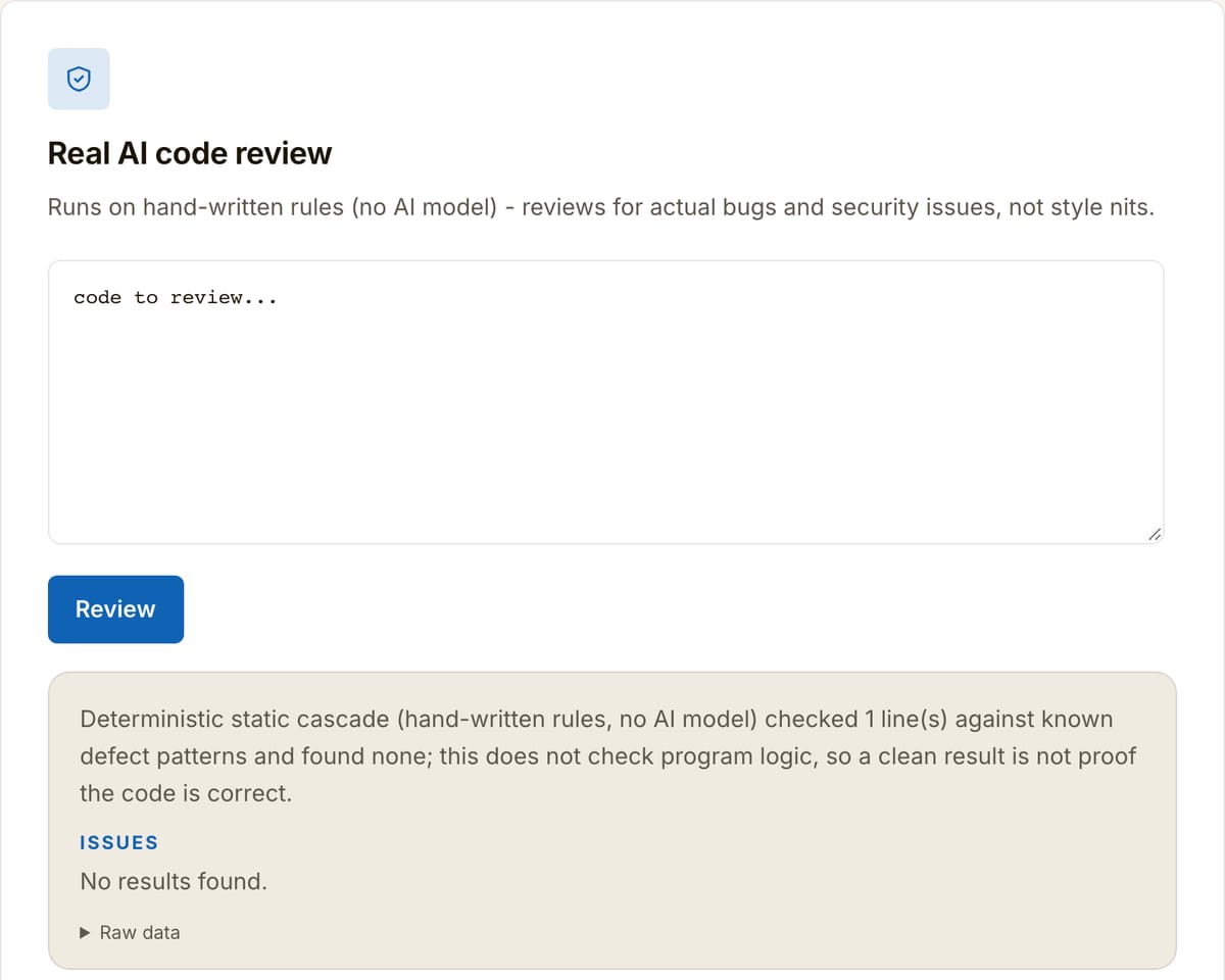 Real AI code review on devducky.com